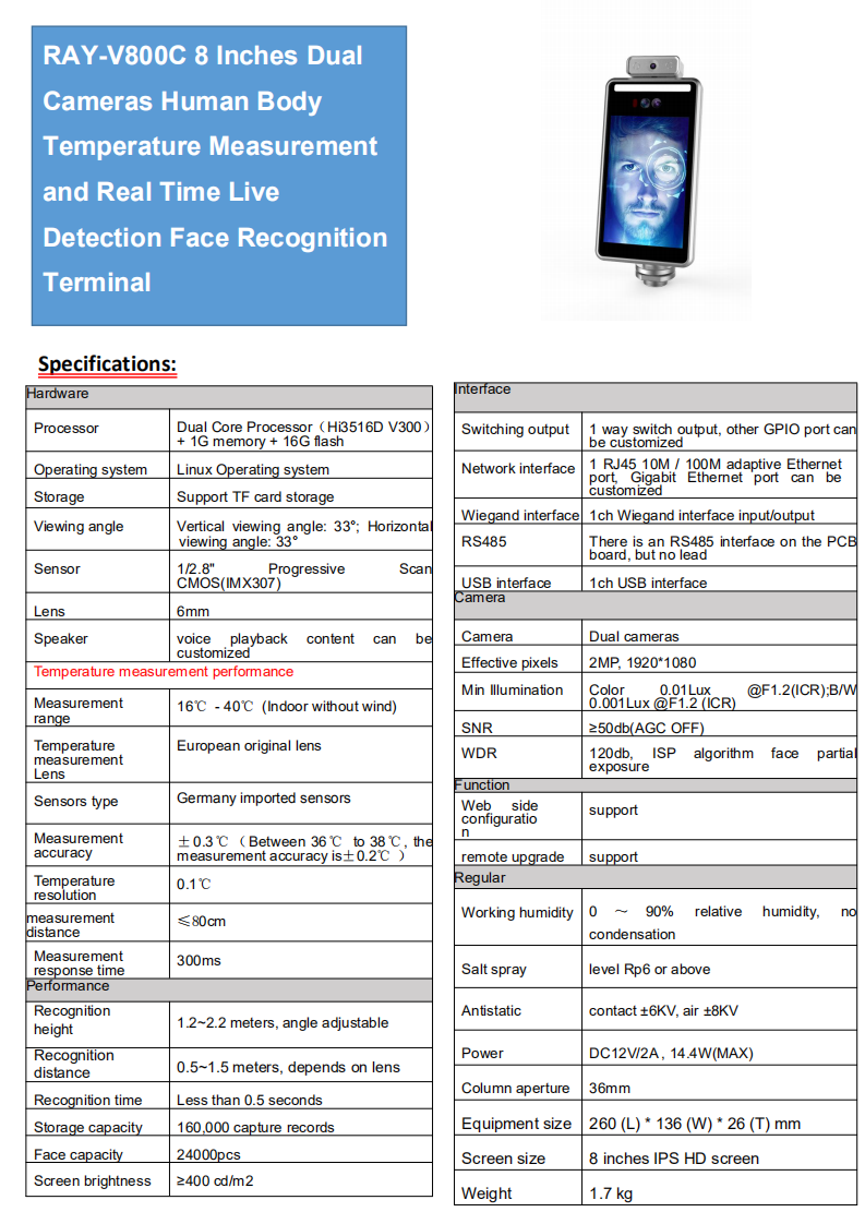 Frontal Temperature Scanner for Access Control System and High Face Recognition with High Speed