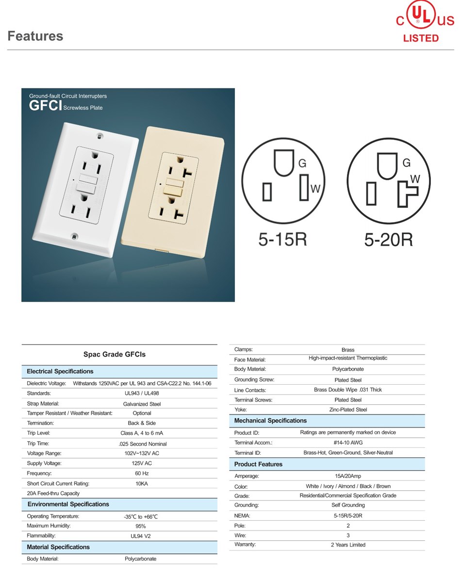 20A 125V AC TR WR Class A GFCI Outlet 520R 2 Leds Indicators SelfTest GFCI