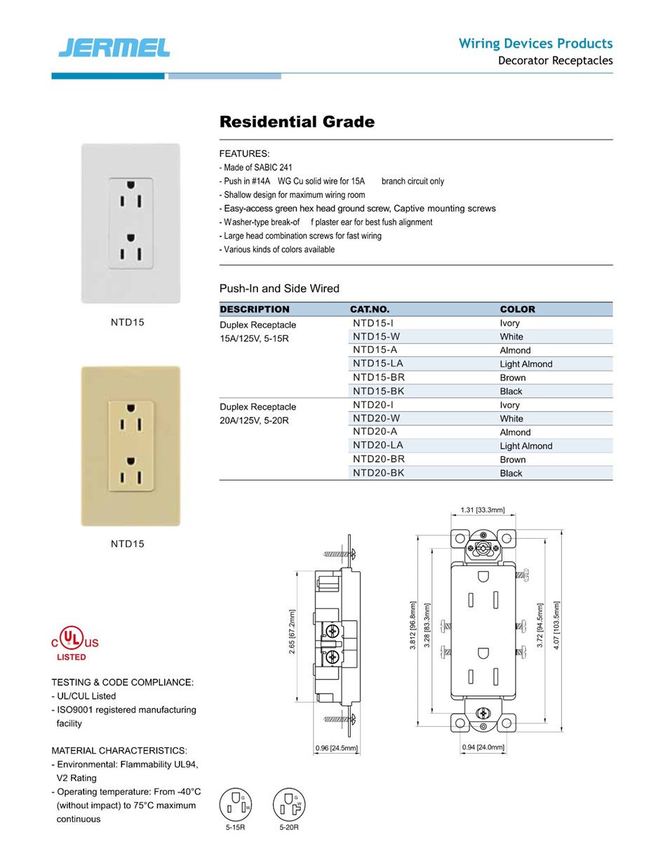 20A 125V Hot Sell AC Standard UL Certificated Decora Receptacle American Receptacle