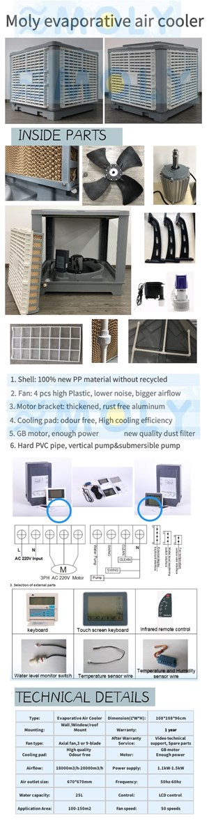 Moly 15kw 220v 50hz 60hz bottom discharge commercial industrial air coolers water cooling fan