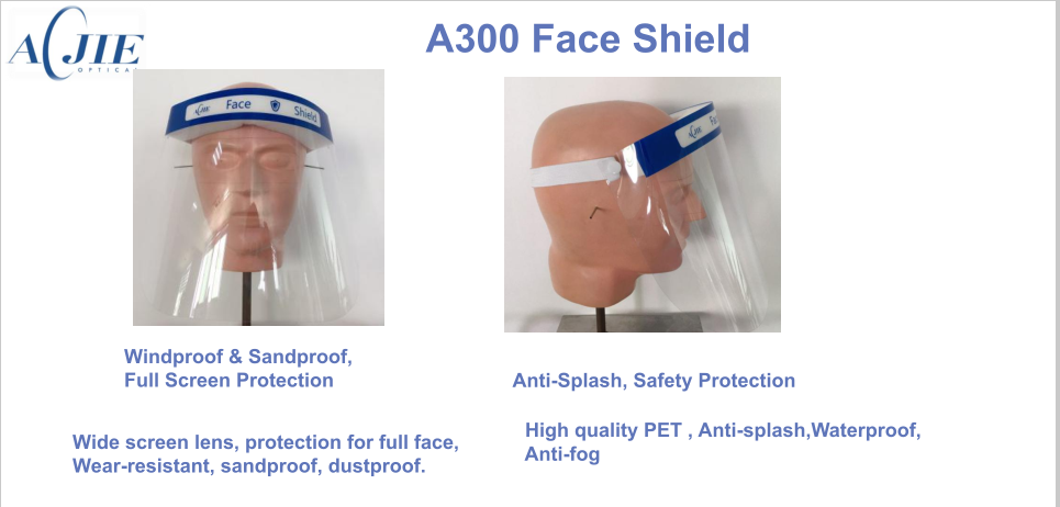 AJ-A300 Face Shield with CE/EN166/287/FAD GB14866-2006, Wide Screen Lens, Protection for Full Face. Wear-Resistant.