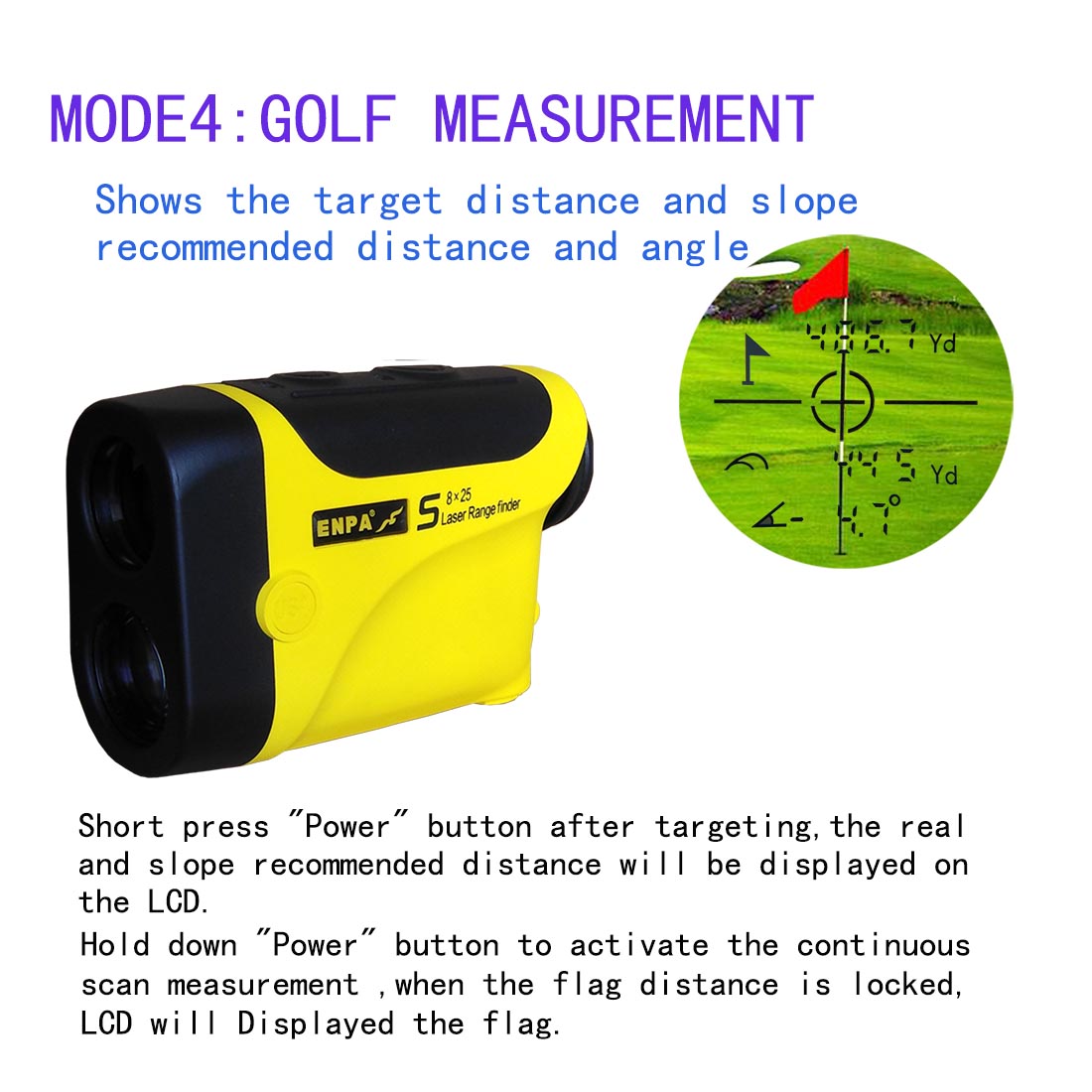 ENPA GolfHunting Rangefinder 7X Magnification Clear View 1200 Yards Laser Range Finder use Battery CR2Scan mode Slo