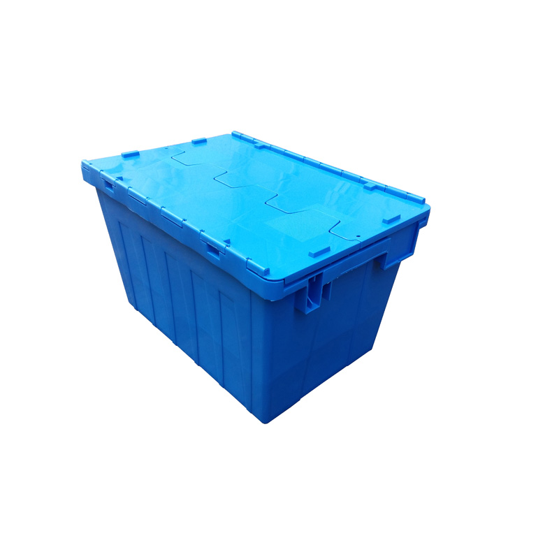 600400355mm 60L Virgin pp nesting storage Attached Lid Tote plastic turnover crate