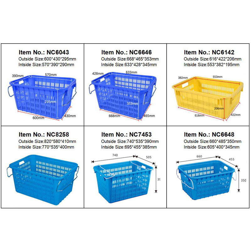 630425204mm plastic crate for Vegetables and fruits stackable and nestable plastic basket with metal handle