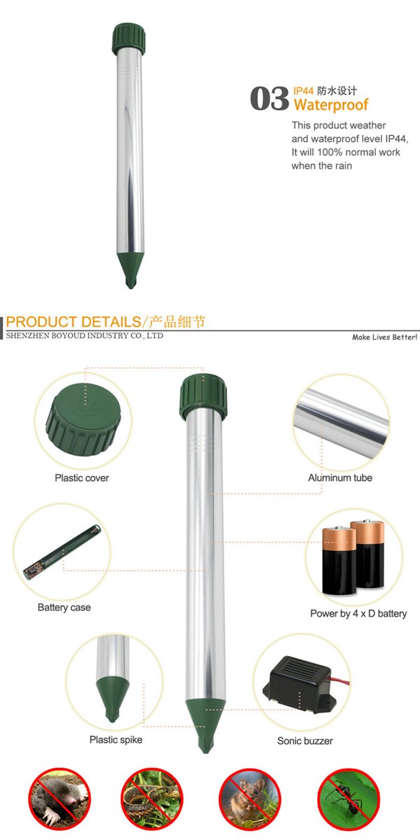 Waterproof Battery Operated Sonic Wave Rodent Mole Repellent