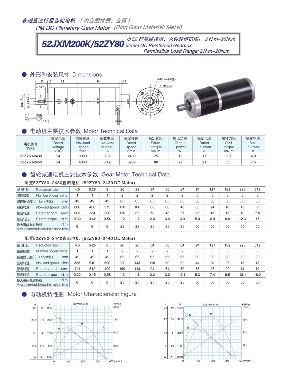 Low noise 52mm diameter DC planetary gear motor 52JXM300K52ZY