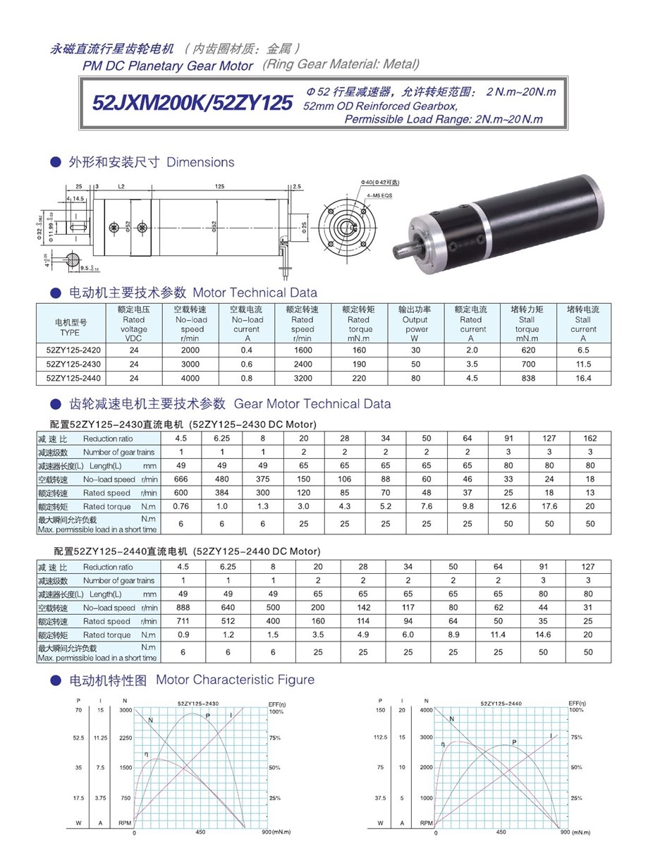 Low noise 52mm diameter DC planetary gear motor 52JXM300K52ZY