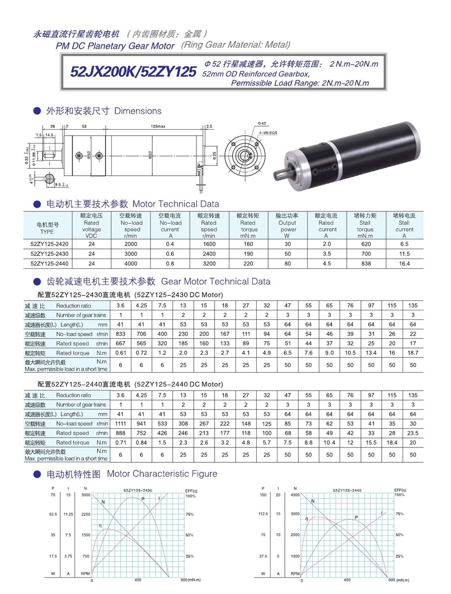 Low noise 52mm diameter DC planetary gear motor 52JXM300K52ZY