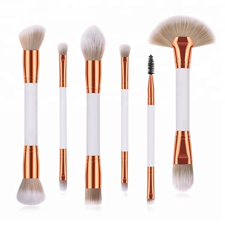 6PCS Double End Makeup Brush Set with Two Color Synthetic Hair Gold Aluminum Ferrule White Wooden Handle