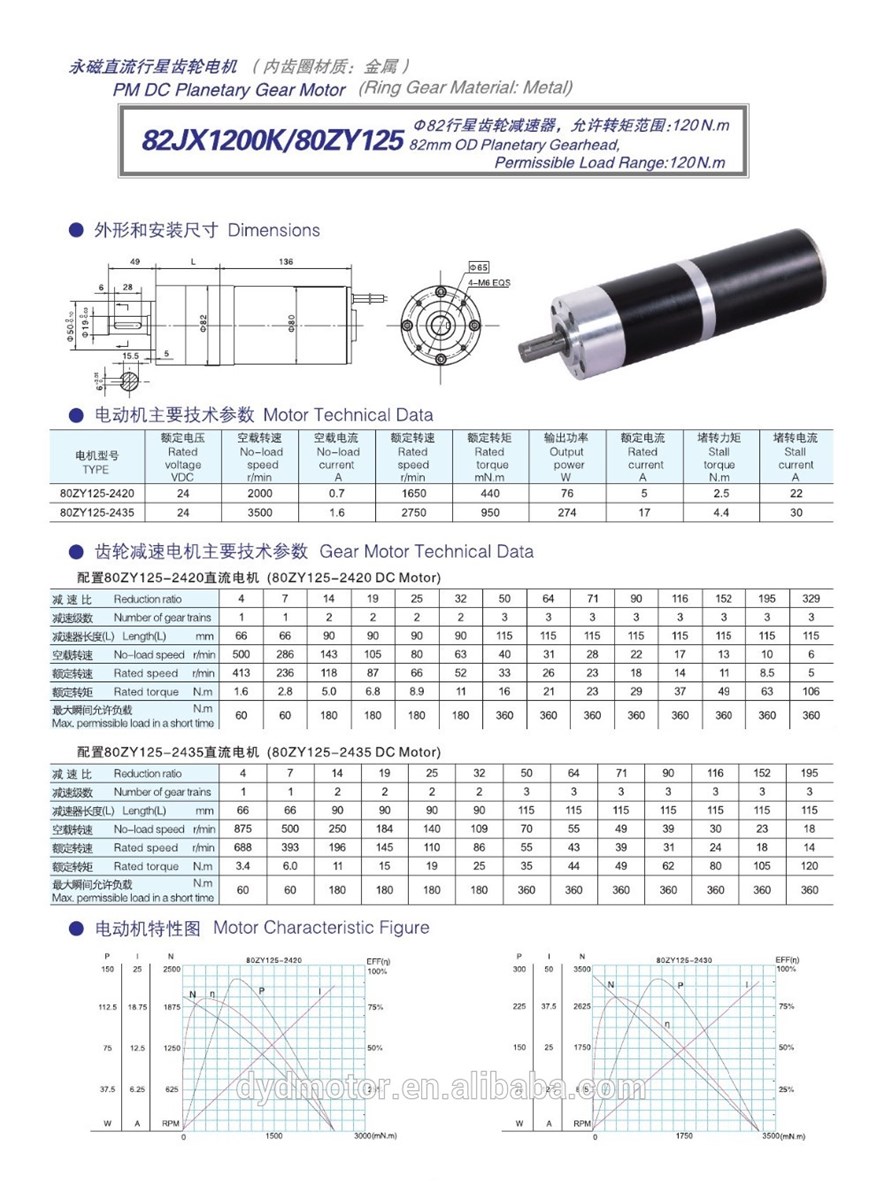 250W 300W High Torque PM DC Planetary Gear Motor 82JXB1200K80ZY125
