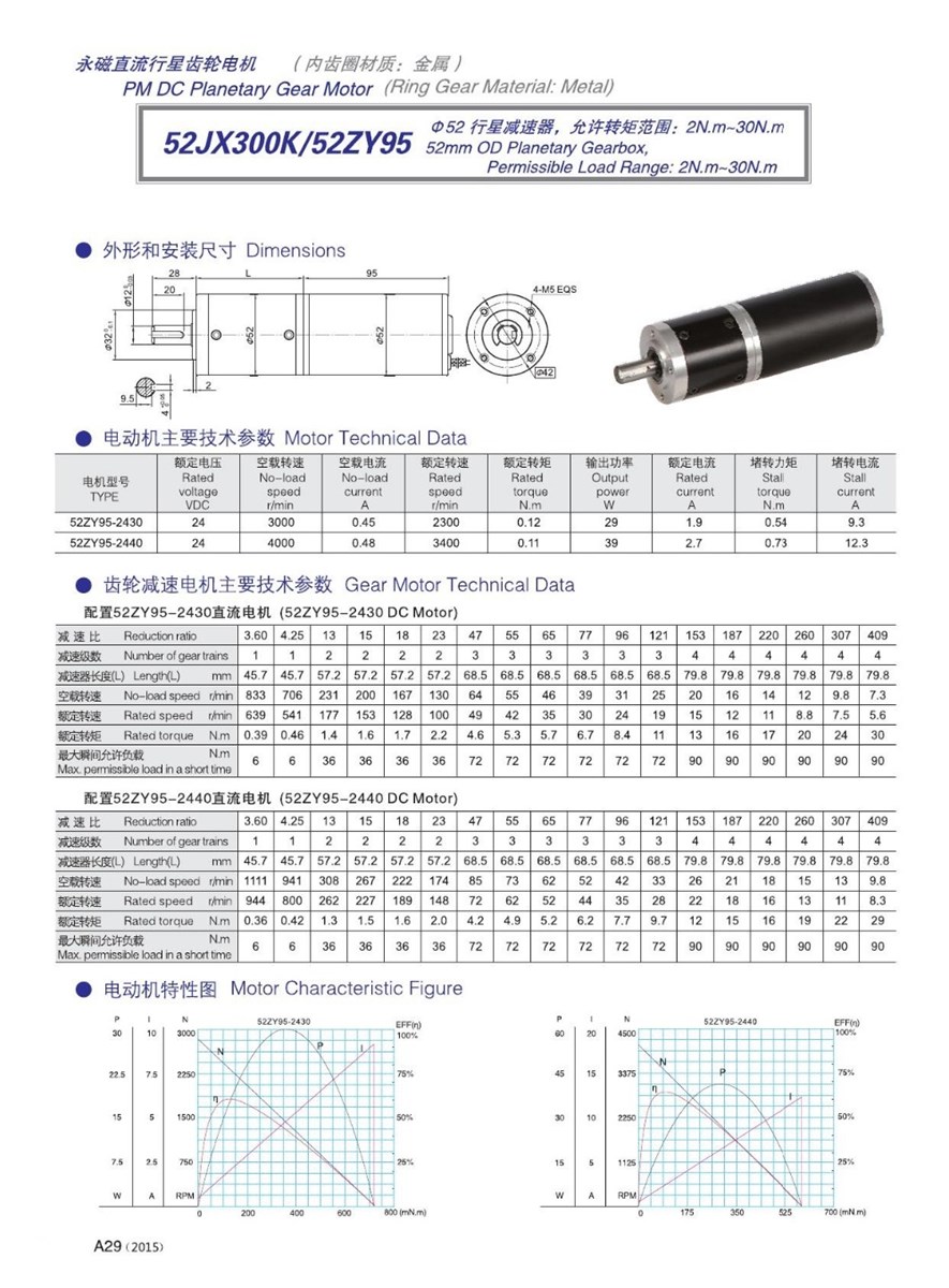 52JXM200K52ZY125 low noise DC Planetary Gear Motor