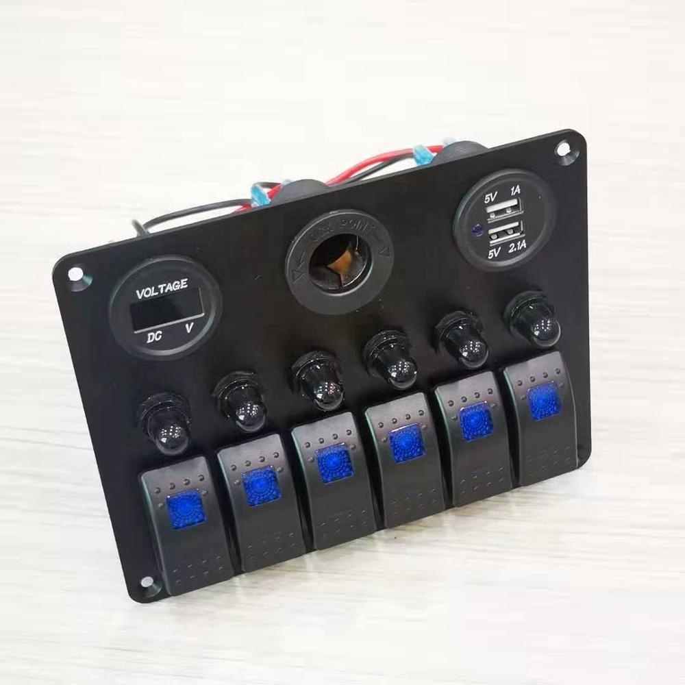 New Design 6 Gang Rocker Switch Panel Air Break Switch LED Light Power Socket Voltmeter and USB charger