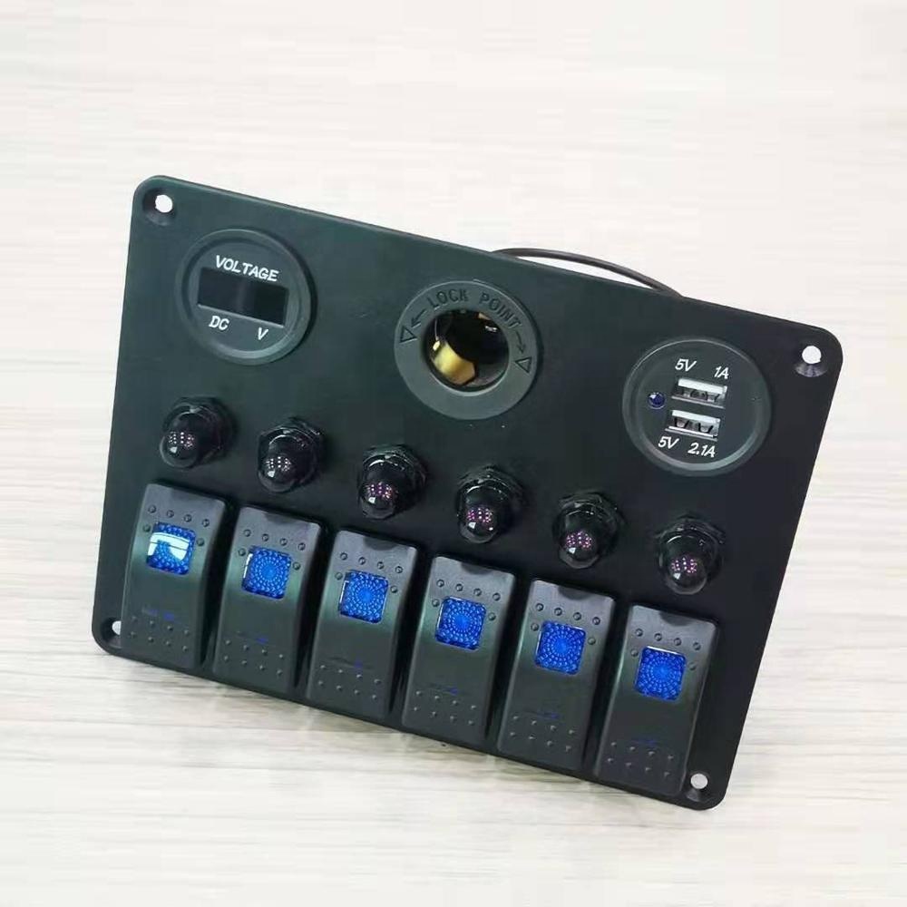 New Design 6 Gang Rocker Switch Panel Air Break Switch LED Light Power Socket Voltmeter and USB charger
