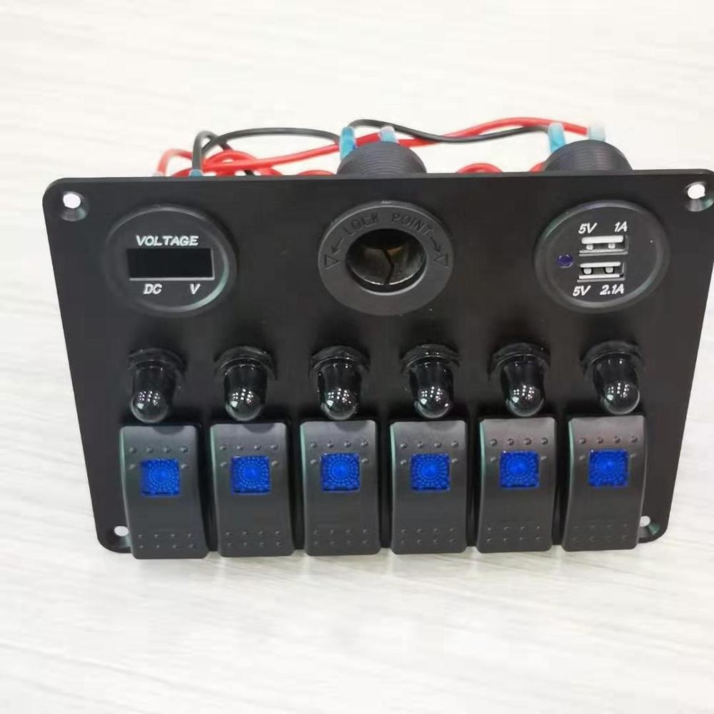New Design 6 Gang Rocker Switch Panel Air Break Switch LED Light Power Socket Voltmeter and USB charger