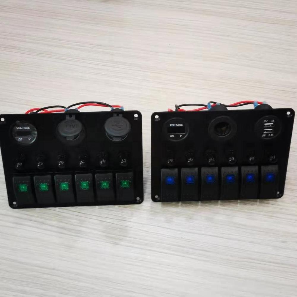 New Design 6 Gang Rocker Switch Panel Air Break Switch LED Light Power Socket Voltmeter and USB charger