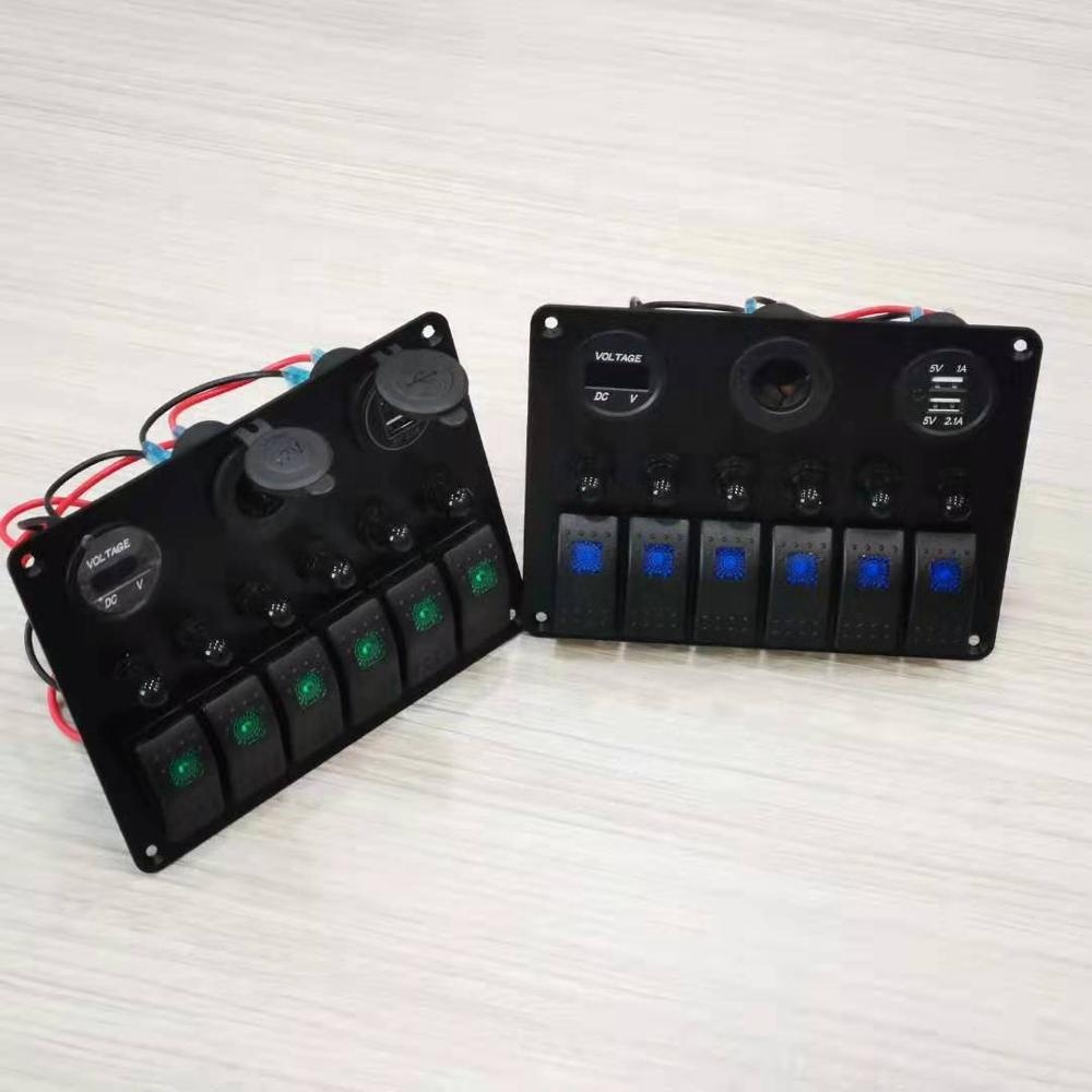New Design 6 Gang Rocker Switch Panel Air Break Switch LED Light Power Socket Voltmeter and USB charger