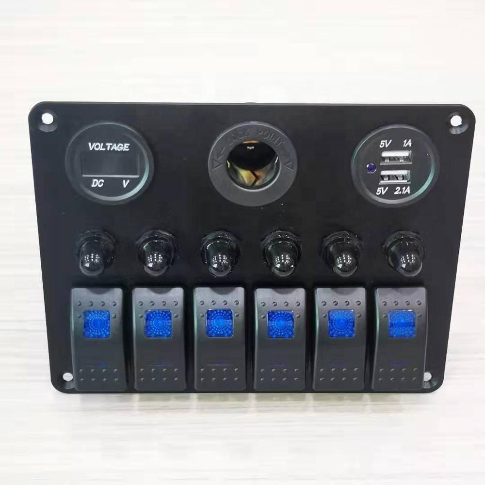 New Design 6 Gang Rocker Switch Panel Air Break Switch LED Light Power Socket Voltmeter and USB charger