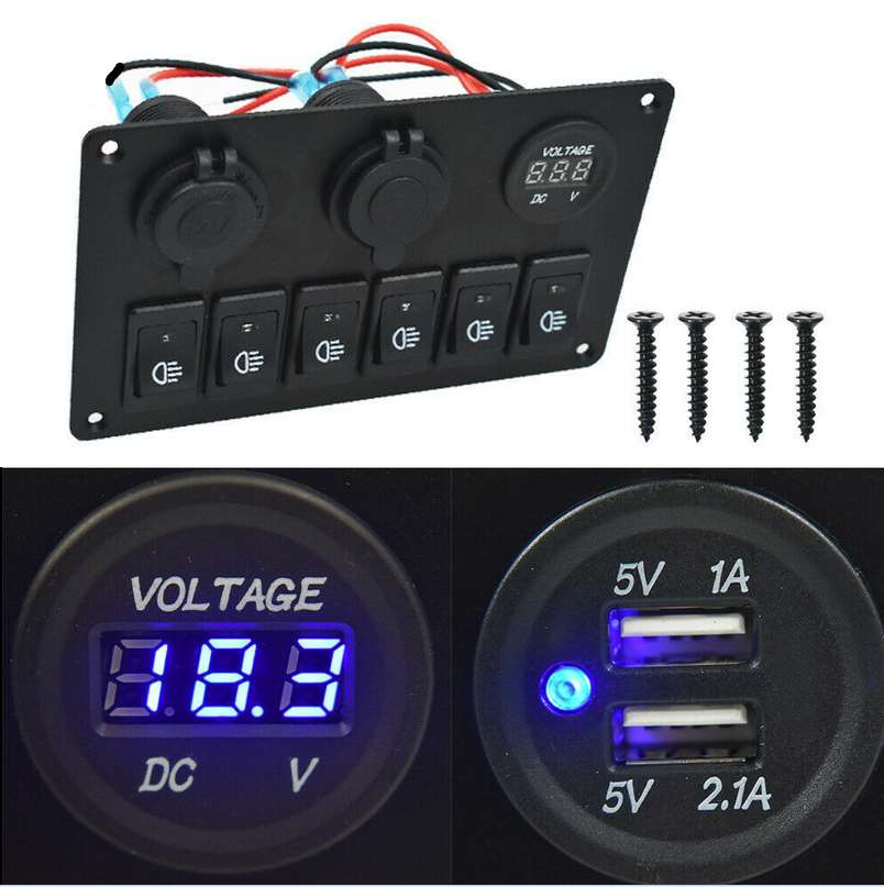 6 Gang Small Switch Panel 12V Rocker USB Socket Power Socket Breaker Control QC30 Voltage Marine