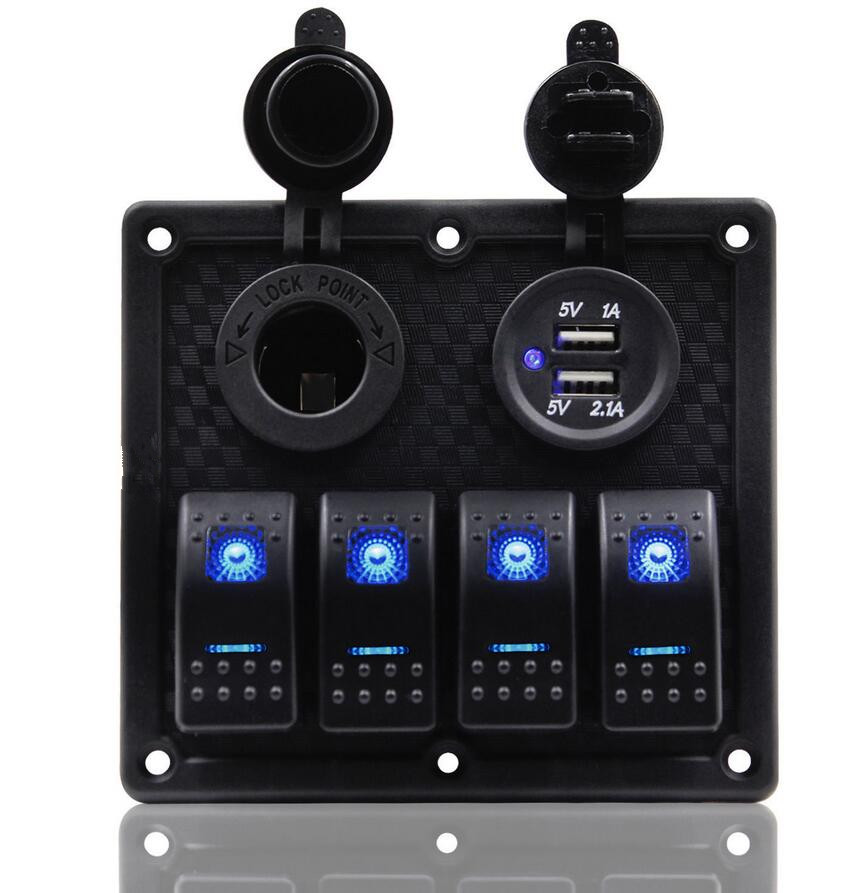 Waterproof 4 Gang Rocker Switch Panel Double USB Power Charger Adapter 12V Cigarette Lighter Socket for Marine Boat C