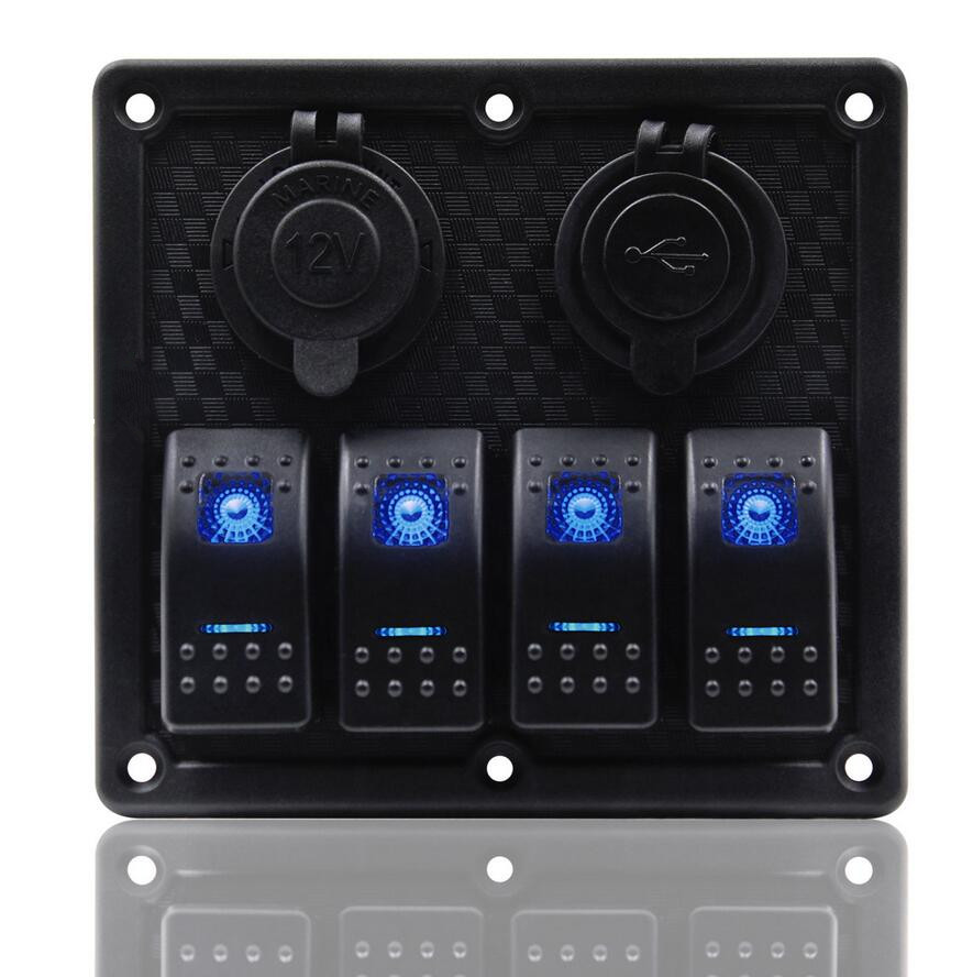 Waterproof 4 Gang Rocker Switch Panel Double USB Power Charger Adapter 12V Cigarette Lighter Socket for Marine Boat C