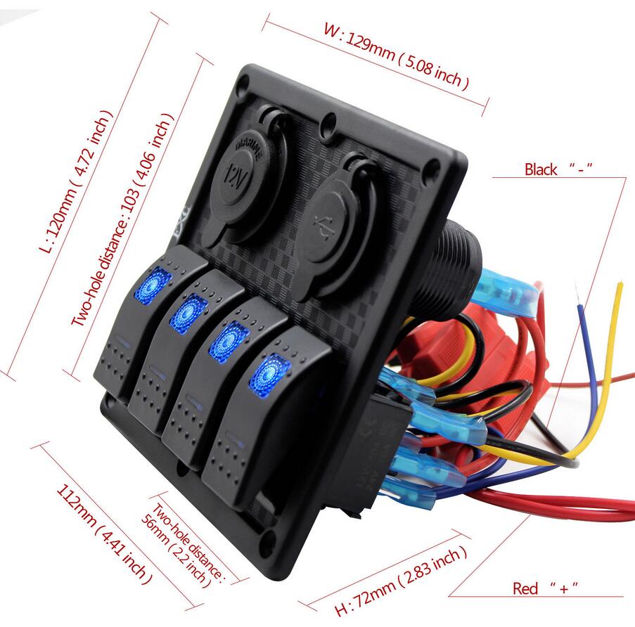 Waterproof 4 Gang Rocker Switch Panel Double USB Power Charger Adapter 12V Cigarette Lighter Socket for Marine Boat C