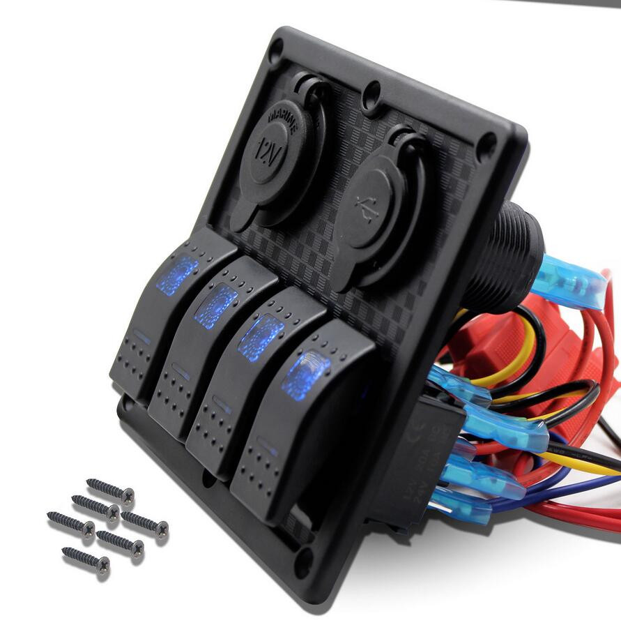 Waterproof 4 Gang Rocker Switch Panel Double USB Power Charger Adapter 12V Cigarette Lighter Socket for Marine Boat C
