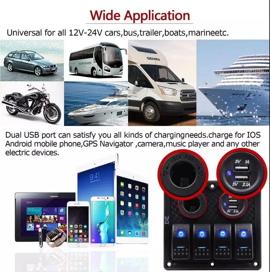 Waterproof 4 Gang Rocker Switch Panel Double USB Power Charger Adapter 12V Cigarette Lighter Socket for Marine Boat C