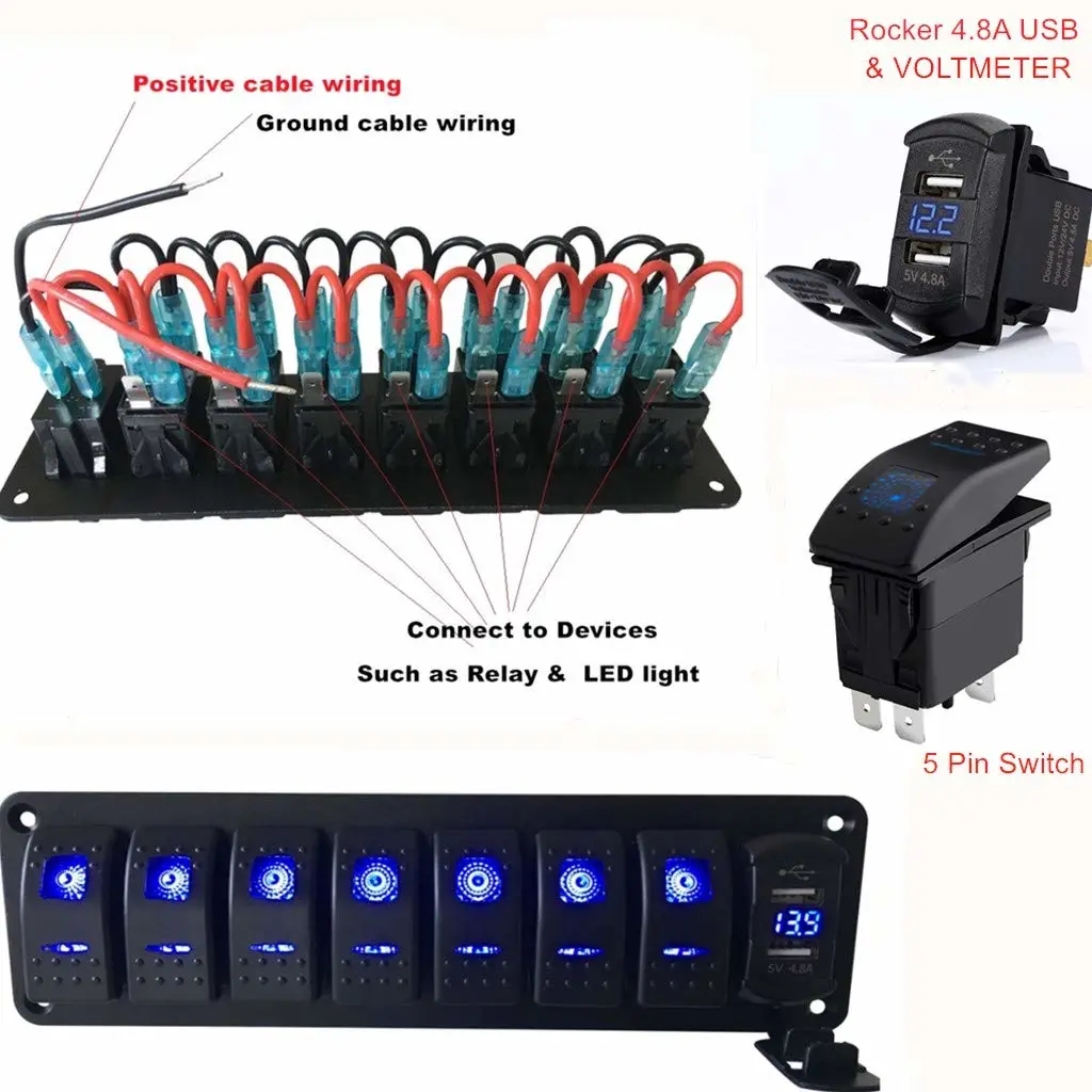 8 gang Rocker Switch Panel Dual USB Fast Charger with Voltmeter