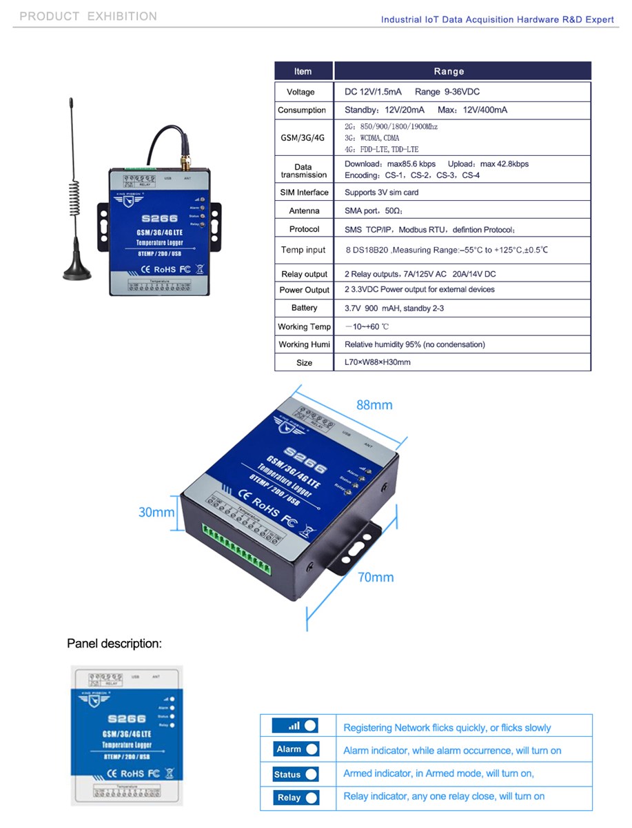 S266 GSM SMS GPRS 3G 4G Temperature Monitoring Relay Output Alarm Data Logger IOT Gateway