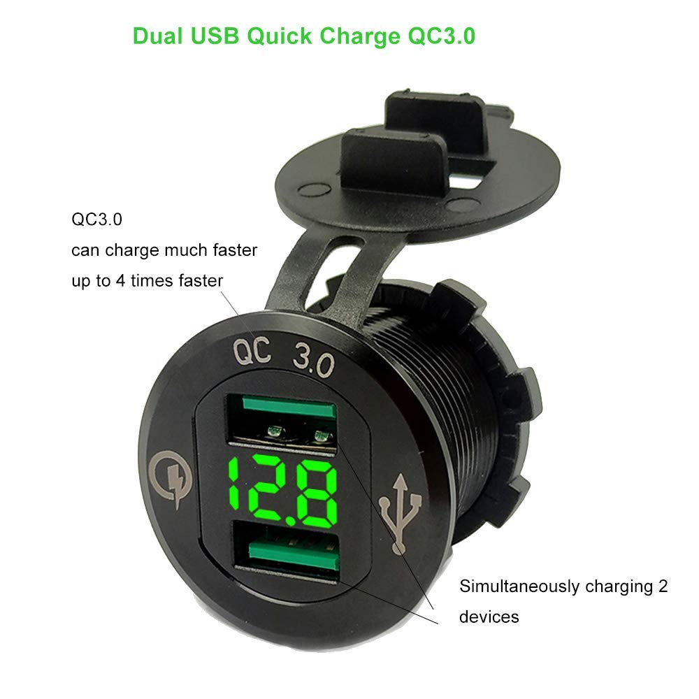 Waterproof QC30 Dual USB Charger Socket with Voltage LED Digital Display for Car Boat Motorcycle Waterproof QC30 Dual USB Charger Socket with Voltage LED Digital Display for Car Boat Motorcycle