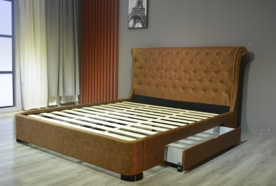 Genuine Leather PU Drawer Bed Wooden Furniture