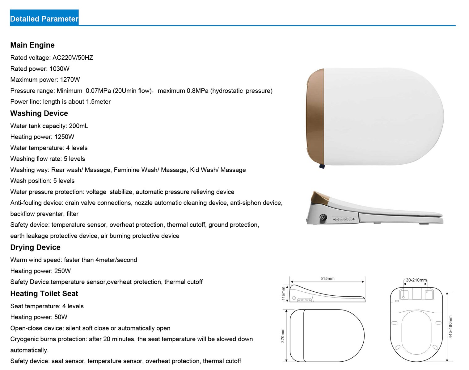 Bidet Electronic Cover Smart Electrical Heated Soft Closed Toilet Seat for bathroom