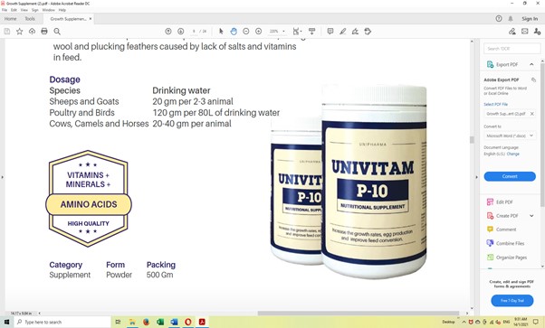 Unipharmaanimal supplementVeterinary productUnivitam P10 animal feed additive animal supplement
