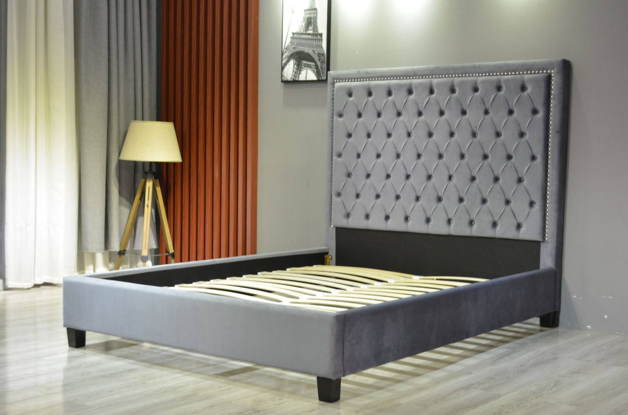 Upholstered Wing Back Headboard Frame Diamond Trim Headboard Bed