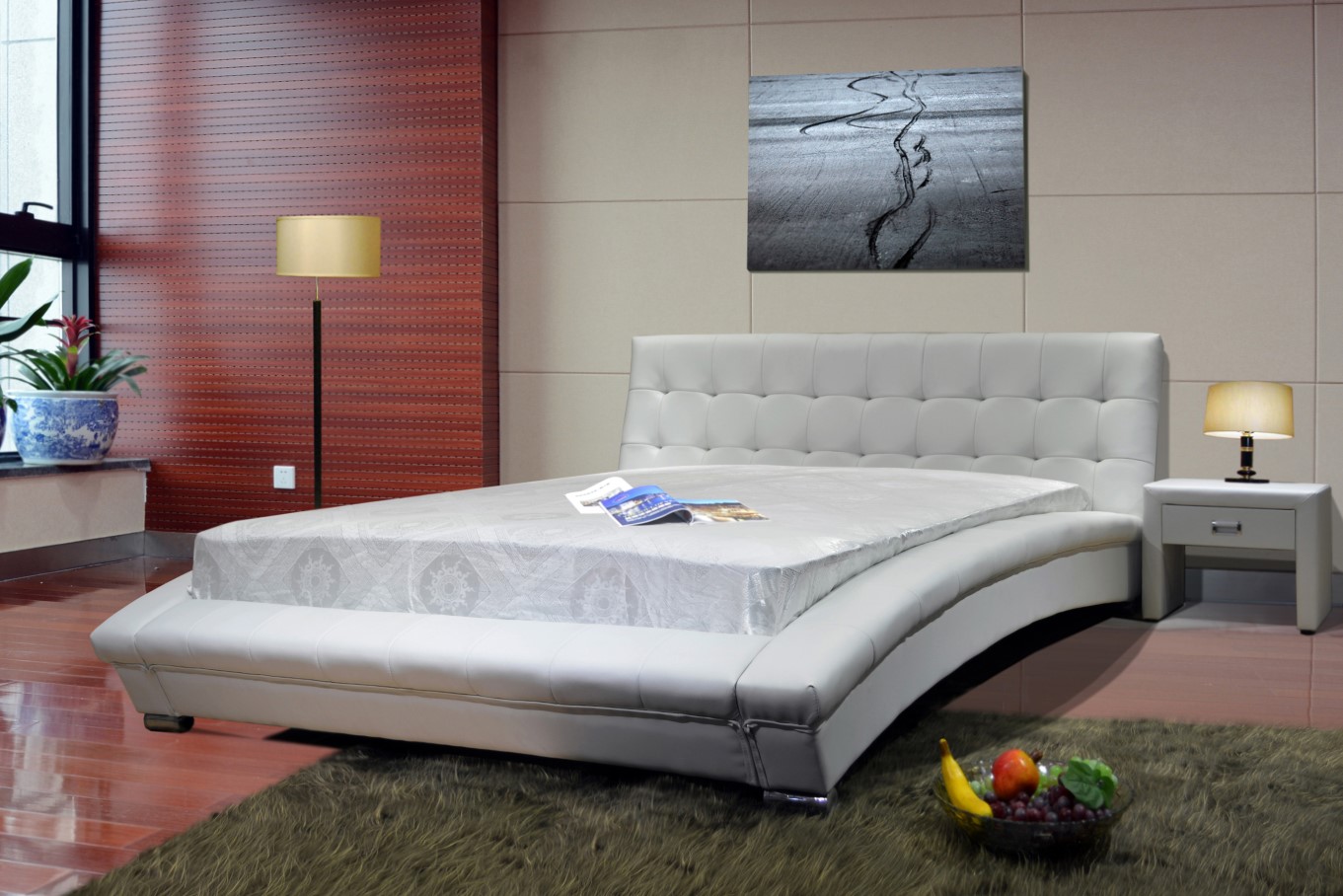 Upholstered PU Bed Frame Platform Bed Arched Rail