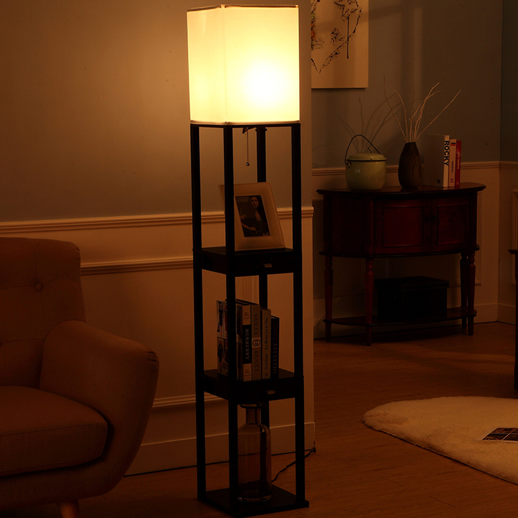 Modern Design Bedside Table Lamps with USB Charging PortWooden black Shelf storageand white Fabric Shade Nightstand Ta