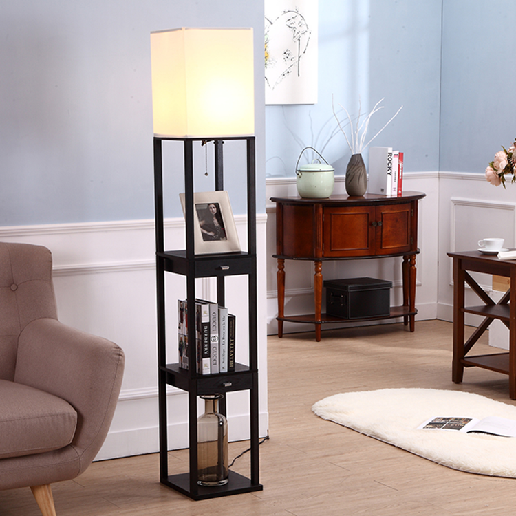 Modern Design Bedside Table Lamps with USB Charging PortWooden black Shelf storageand white Fabric Shade Nightstand Ta