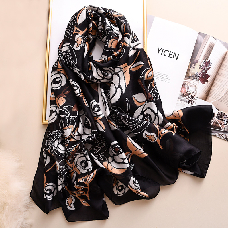 Factory supply scarves muffler summer beach shawl wraps fashion grey flower print oversize long women silk scarf