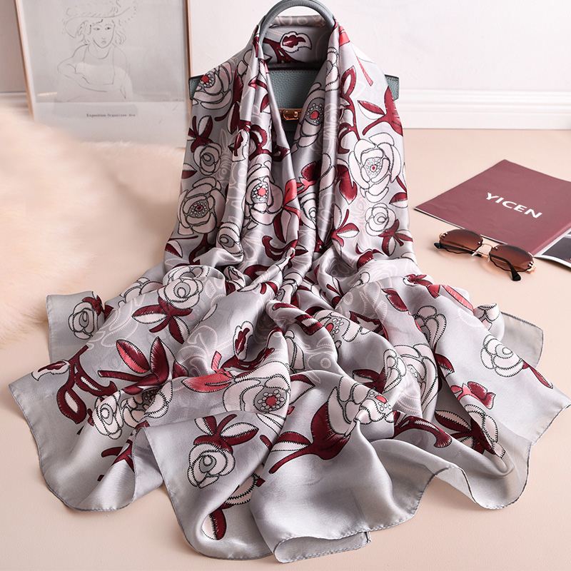 Factory supply scarves muffler summer beach shawl wraps fashion grey flower print oversize long women silk scarf