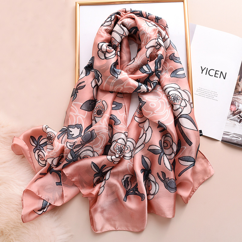 Factory supply scarves muffler summer beach shawl wraps fashion grey flower print oversize long women silk scarf