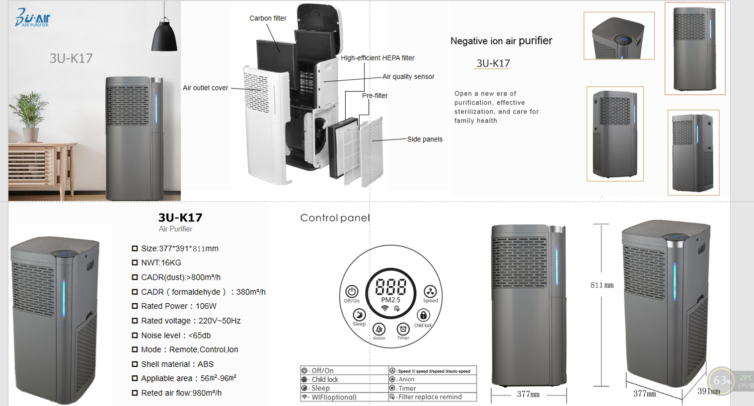 2021 New High Quality H13 HEPA Ionization UVC 3in1 Technology PM25 Home Air Purifier