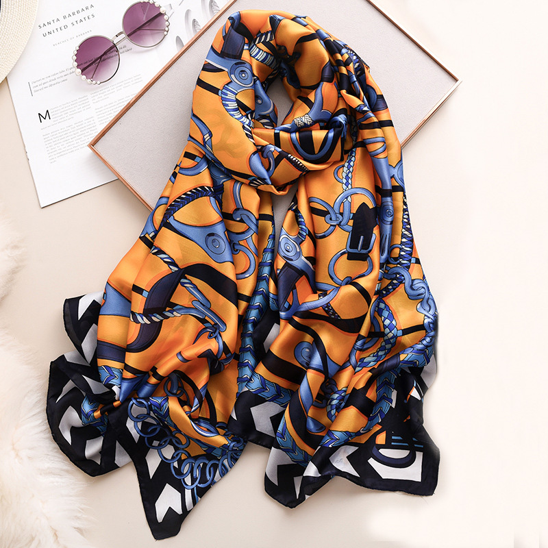 Factory hot selling satin head scarf elegant metal pattern printing women turkish scarves silk scarf