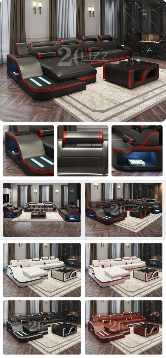 LED light U shape extra size living room sofa sectional with LED