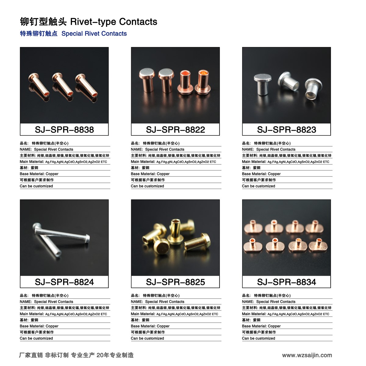 Electrical Special Rivet contact used swiches Bullet Copper Rivet Contacts