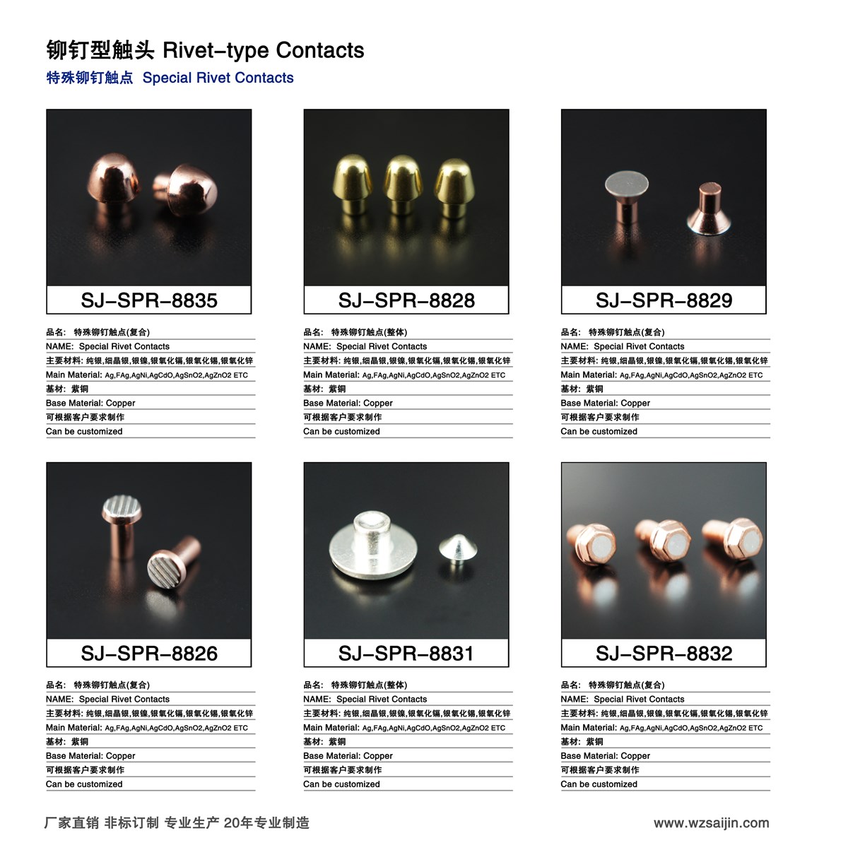 Electrical Special Rivet contact used swiches Bullet Copper Rivet Contacts