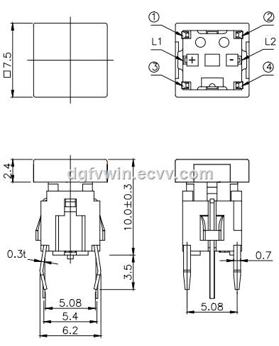 Illuminated 66 Tact Switch With Red LED Light 6 Pin