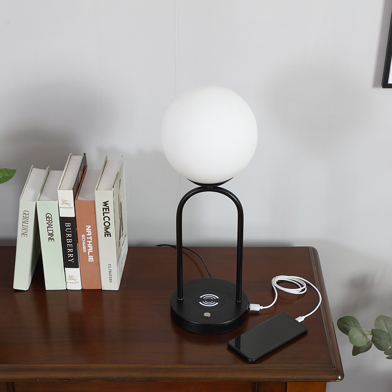 Dimmable LED Desk LampGlass Globe Metal Table LampWireless ChargingUSB Charging Ports