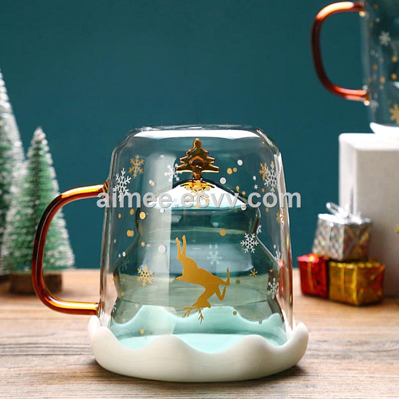 Hot Sale Christmas Tree Shape Double Wall Glass Cup For Christmas Gift