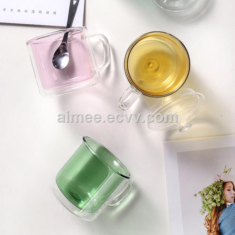 New Design Colorful Double Wall Glass Cup Pink Green Yellow Double Wall Glass Cup
