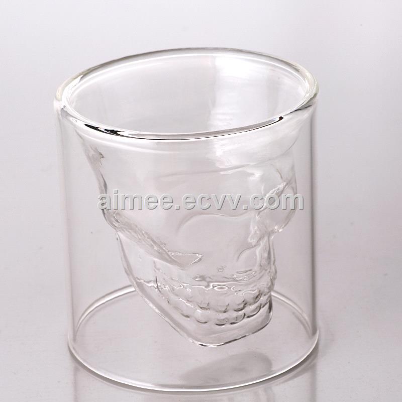 Skull Head Shape Double Wall Glass Whiskey Vodaka Wine Cup For Bar